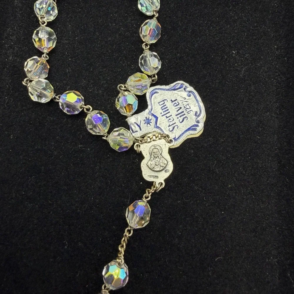 Chapel Sterling Silver Rosary Aurora Borealis Iridescent Crystal Beads Italy New